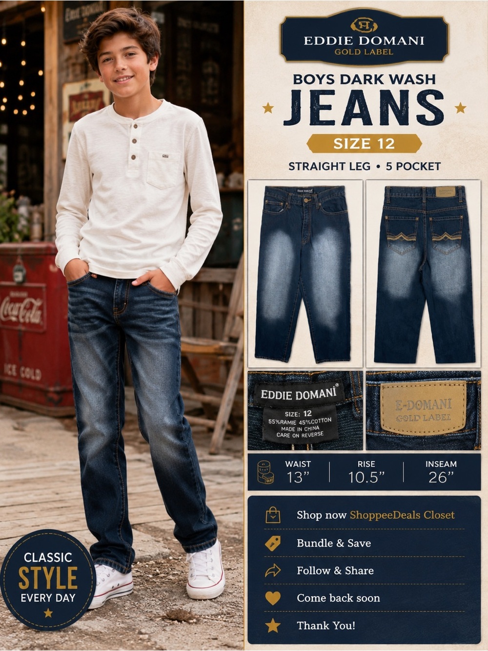 Eddie Domani Gold Label Boys Dark Wash Straight Leg Jeans – Size 12